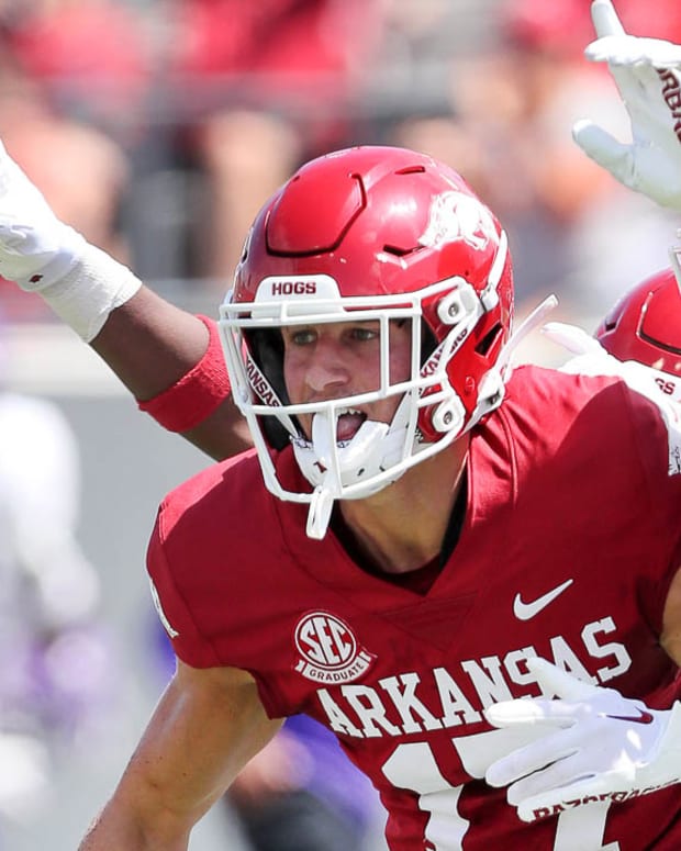 Razorbacks safety Hudson Clark after interception during game with Western Carolina in Little Rock